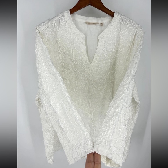 Soft Surroundings Split Neck Top 2X White Embroidered Lined Boho Peasant Career - Picture 5 of 14